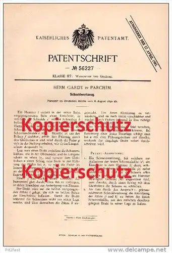 Original Patentschrift - Herm. Gardy in Parchim i. Meckl., 1890 , Schneidwerkzeug , Werkzeug , Mecklenburg !!!