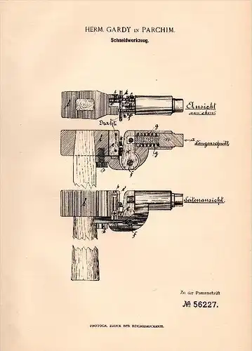 Original Patentschrift - Herm. Gardy in Parchim i. Meckl., 1890 , Schneidwerkzeug , Werkzeug , Mecklenburg !!!