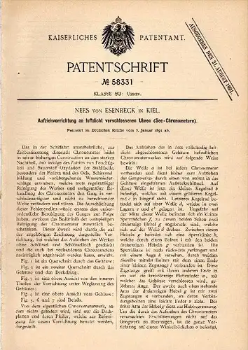 Original Patentschrift - Nees von Esenbeck in Kiel , 1891 , See - Chronometer , Aufziehvorrichtung , Uhr !!!