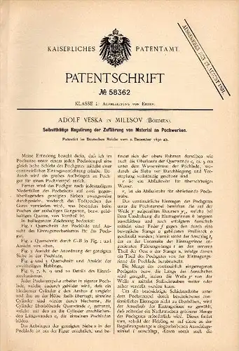 Original Patentschrift - Adolf Veska in Milesov / Milleschau b. Velemin , 1890 , Regulierung an Pochwerk , Erz , Bergbau