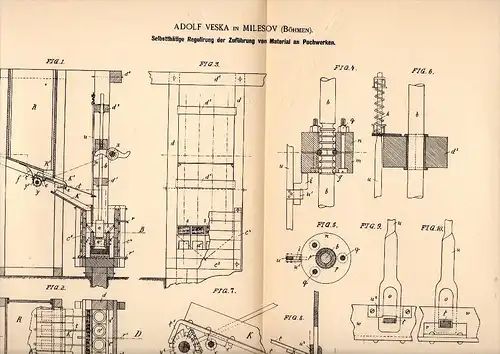 Original Patentschrift - Adolf Veska in Milesov / Milleschau b. Velemin , 1890 , Regulierung an Pochwerk , Erz , Bergbau