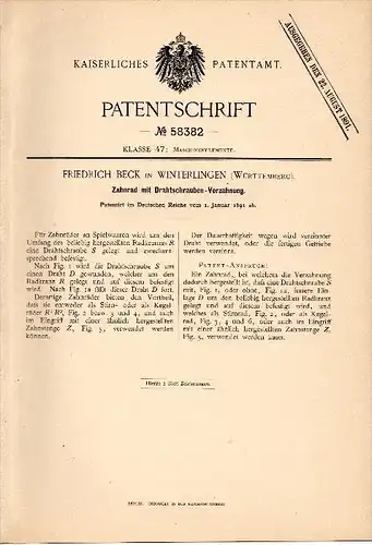 Original Patentschrift - Friedrich Beck in Winterlingen , Württemberg , 1891 , Zahnrad für Spielzeug , Radkranz !!!
