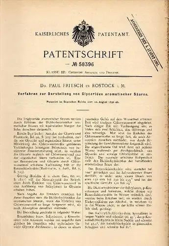 Original Patentschrift - Dr. Paul Fritsch in Rostock i. Mecklenburg , 1890 , Darstellung von Glyceriden , Chemie , Labor