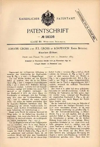 Original Patentschrift - J. Gross in Körperich b. Bitburg , 1890 , Klavier - Zither , Musik , Musikalien !!!