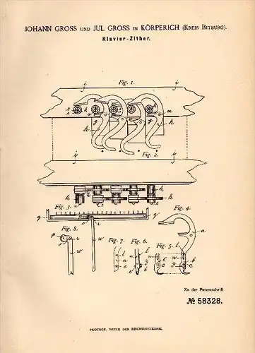 Original Patentschrift - J. Gross in Körperich b. Bitburg , 1890 , Klavier - Zither , Musik , Musikalien !!!