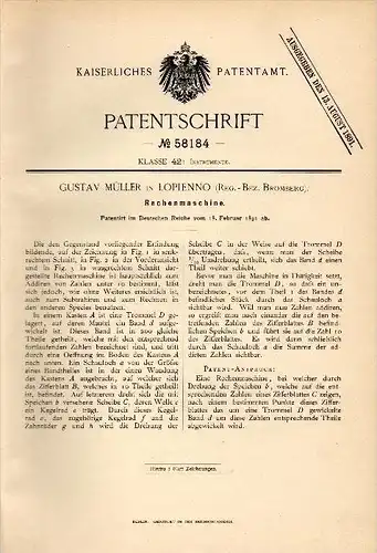 Original Patentschrift - Gustav Müller in Lopienno , 1891 , Rechenmaschine , Mathematik , Schule , Rechnen !!!