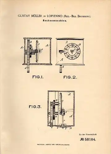 Original Patentschrift - Gustav Müller in Lopienno , 1891 , Rechenmaschine , Mathematik , Schule , Rechnen !!!