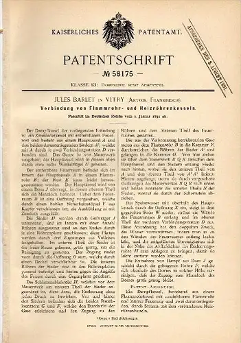 Original Patentschrift - Jules Barlet dans Vitry en Artois , 1891 , Tube de chauffage pour la chaudière moteur !!!
