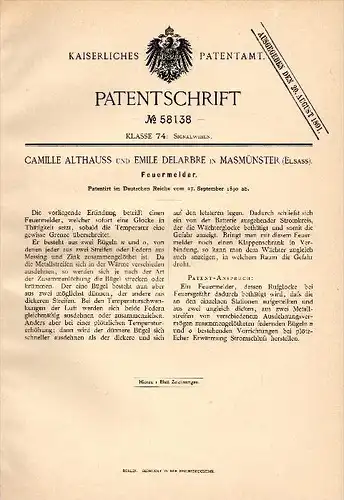 Original Patentschrift - C. Althauss et E. Delarbre dans Masmünster / Masevaux , 1890 , alarme incendie, les pompiers