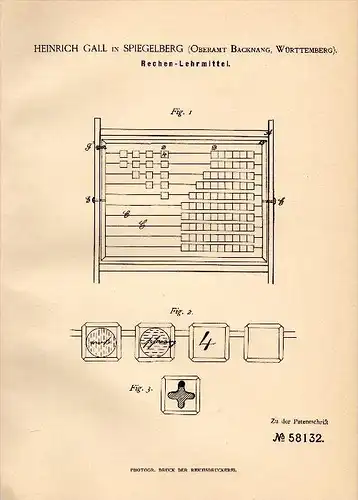 Original Patentschrift - H. Gall in Spiegelberg b. Backnang , 1891 , Rechen - Lehrmittel , Schule , Mathematik , Rechner