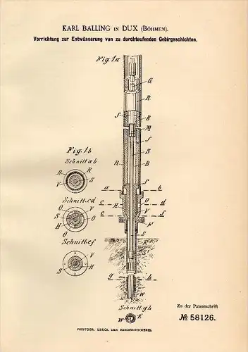 Original Patentschrift - Karl Ballin in Dux / Duchcov , Böhmen , 1890 , Entwässerung von Gebirgsschichten , Bergbau !!!