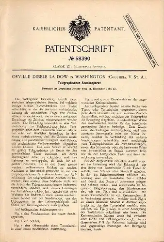 Original Patentschrift - Dibble La Dow in Washington , 1889 , Transmission apparatus for telegraphy , Telegraphie !!!