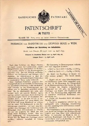 Original Patentschrift - Friedrich von Hardtmuth und L. Benze in Wien ,1893,Darstellung von Ätzalkalien , Chemie , Labor