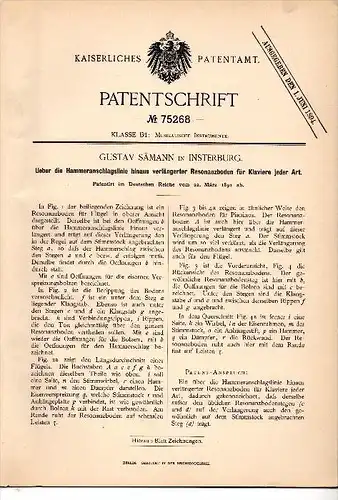 Original Patentschrift - G. Sämann in Insterburg / Tschernjachowsk , 1892 , Klavier - Resonanzboden , Musik !!!
