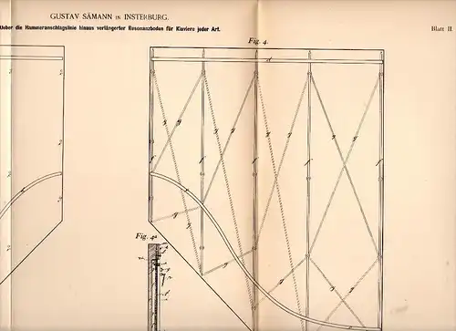 Original Patentschrift - G. Sämann in Insterburg / Tschernjachowsk , 1892 , Klavier - Resonanzboden , Musik !!!
