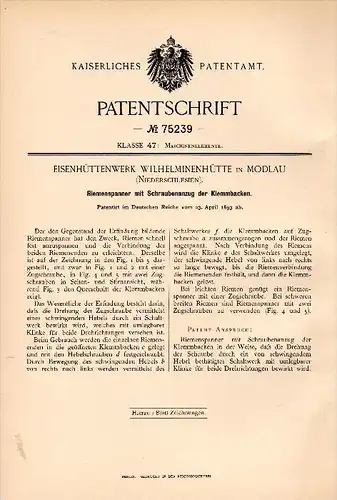 Original Patentschrift - Eisenhüttenwerk Wilhelminenhütte in Modlau / Modla , 1893, Spanner , Gremsdorf / Gromadka