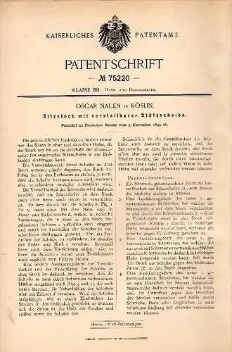 Original Patentschrift -  Oscar Nauen in Köslin / Koszalin , 1893 , verstellbarer Sitzstock , Jagd , Schemel , Cöslin !!