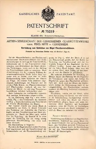 Original Patentschrift - Glashüttenwerke AG ,F. Heye in Gerresheim , 1893 , Bügelverschluß für Flaschen , Glas !!!