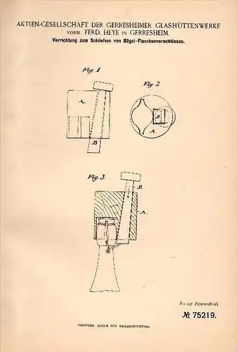 Original Patentschrift - Glashüttenwerke AG ,F. Heye in Gerresheim , 1893 , Bügelverschluß für Flaschen , Glas !!!