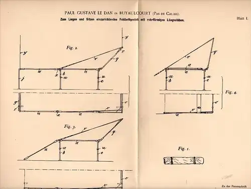 Original Patentschrift - P.G. le Dan dans Ruyaulcourt , Pas de Calais , 1893 , Cadre pour les lits, militaire !!!