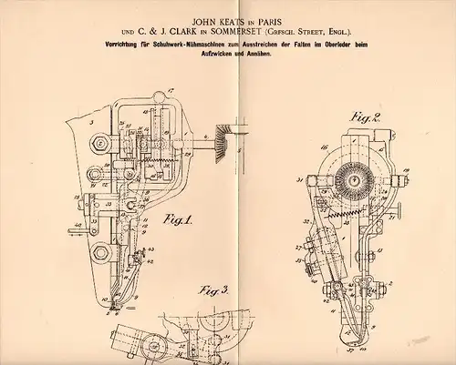 Original Patentschrift - J. Clark in Somerset , Street ,1900, Sewing machine for shoes, shoemaker , J. Keats in Paris !!