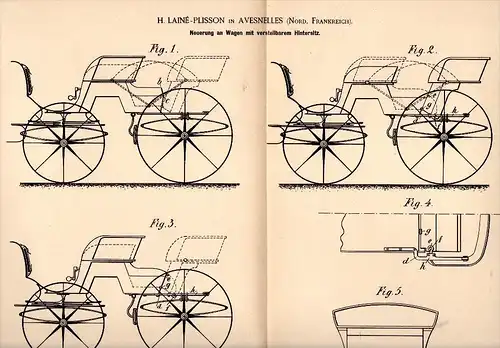 Original Patentschrift -H. Lainé-Plisson dans Avesnelles , Nord,1886, Chariot avec siège réglable, cabine, cheval panier