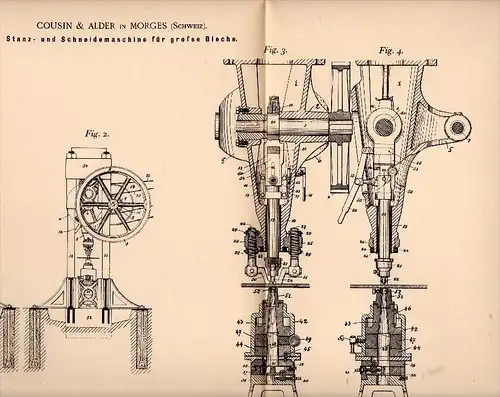 Original Patentschrift - Cousin & Alder in Morges , Schweiz , 1899 , Stanz- und Schneidemaschine , Metallbau !!!