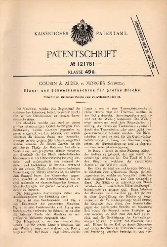 Original Patentschrift - Cousin & Alder in Morges , Schweiz , 1899 , Stanz- und Schneidemaschine , Metallbau !!!