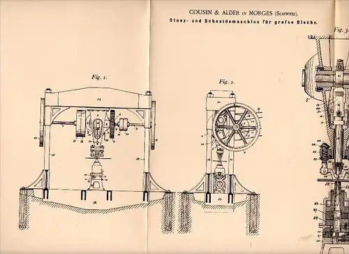 Original Patentschrift - Cousin & Alder in Morges , Schweiz , 1899 , Stanz- und Schneidemaschine , Metallbau !!!