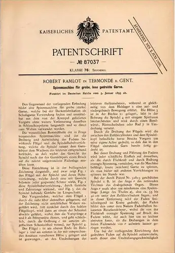 Original Patentschrift - Robert Ramlot in Dendermonde b.Gent , 1895 , Spinnmaschine , Spinnerei , Textilien , Termonde !