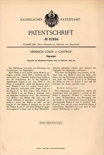 Original Patentschrift - Heinrich Löker in Castrop , 1895 , Sägeangel , Holz , Tischlerei , Sägewerk , Castrop-Rauxel !!