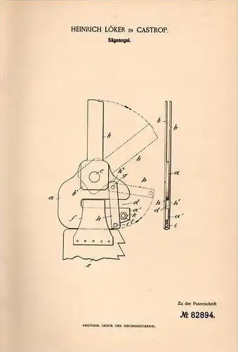 Original Patentschrift - Heinrich Löker in Castrop , 1895 , Sägeangel , Holz , Tischlerei , Sägewerk , Castrop-Rauxel !!