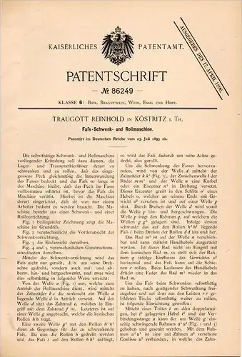 Original Patentschrift - T. Reinhold in Köstritz i. Thüringen , 1895 , Maschine für Bierfässer , Bier , Brauerei !!!