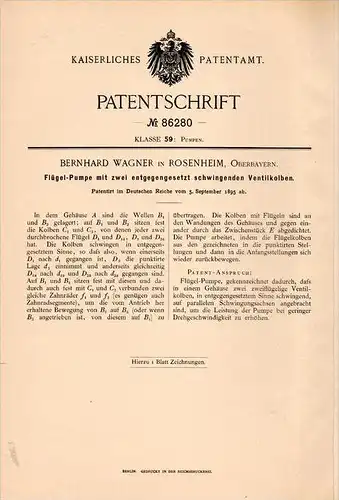 Original Patentschrift - Bernhard Wagner in Rosenheim ,1895 , Flügelpumpe , Pumpe , Pumpenbau !!!
