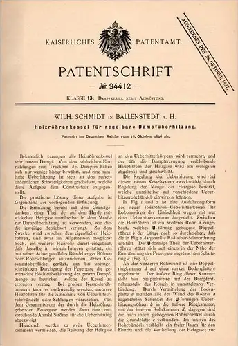 Original Patentschrift - Wilhelm Schmidt in Ballenstedt a.H. , 1896 , Heizröhrenkessel für Dampfmaschine !!!