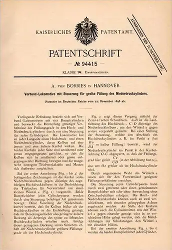 Original Patentschrift - A. von Borries in Hannover , 1896 , Verbund - Lokomotive , Dampfmaschine , Eisenbahn !!!