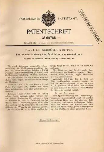 Original Patentschrift - Louis Schröter in Reppen / Rzepin , 1891 , Apparat für Zerkleinerungsmaschinen , Mühle !!!