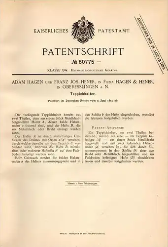 Original Patentschrift - Hagen & Hener in Oberesslingen a.N. , 1891 , Teppich - Halter , Esslingen !!!