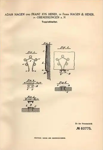 Original Patentschrift - Hagen & Hener in Oberesslingen a.N. , 1891 , Teppich - Halter , Esslingen !!!