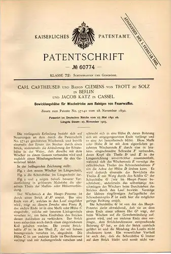 Original Patentschrift - Baron Clemens von Trott zu Solz in Berlin ,1891 , Feuerwaffen - Reiniger, Gewehr ,C. Cartheuser