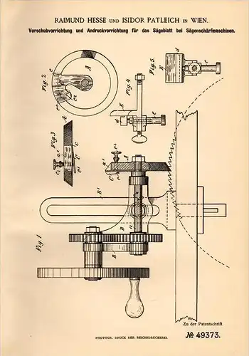 Original Patentschrift -R. Hesse und I. Patleich in Wien 1889, Säge - Schärfmaschine , Sägewerk , Tischlerei , Schreiner