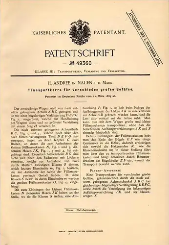 Original Patentschrift -  H. Andree in Nauen i.d. Mark , 1889 , Transportkarre , Transport !!!