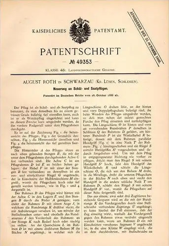 Original Patentschrift - A. Roth in Schwarzau / Czerniec b. Lüben / Lubin i. Schlesien , 1888 , Saatpflug , Agrar !!!