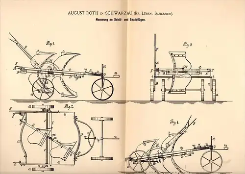 Original Patentschrift - A. Roth in Schwarzau / Czerniec b. Lüben / Lubin i. Schlesien , 1888 , Saatpflug , Agrar !!!