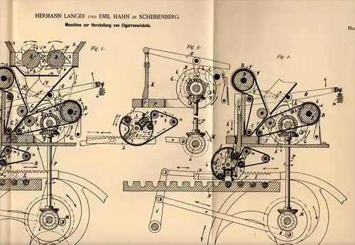 Original Patentschrift - H. Langer und E. Hahn in Scheibenberg i.S. 1889, Maschine zur Cigarren - Herstellung, Schlettau