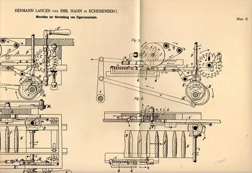 Original Patentschrift - H. Langer und E. Hahn in Scheibenberg i.S. 1889, Maschine zur Cigarren - Herstellung, Schlettau