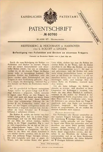 Original Patentschrift - Rieffenberg & Reichmann in Hannover und L. Roloff in Linden , 1891 , Fußboden , Hochbau !!!