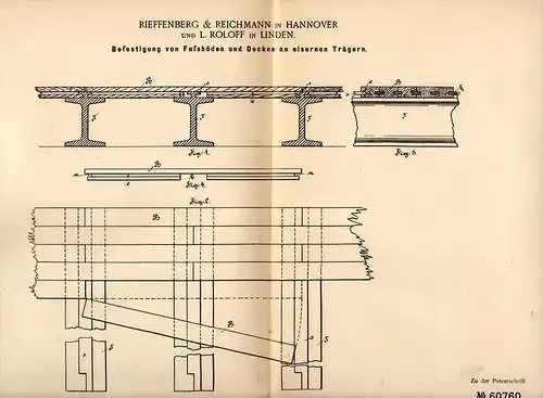 Original Patentschrift - Rieffenberg & Reichmann in Hannover und L. Roloff in Linden , 1891 , Fußboden , Hochbau !!!