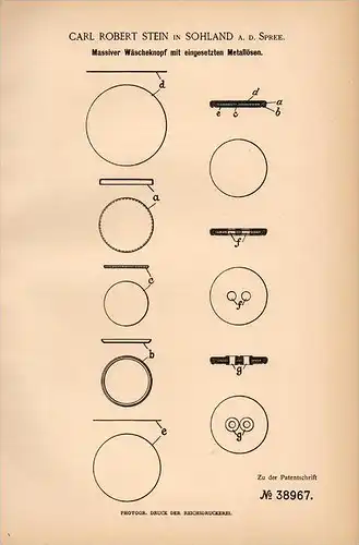 Original Patentschrift - C.R. Stein in Sohland a.d. Spree , 1886 , massiver Wäscheknopf , Knöpfe , Textilien , Bautzen !