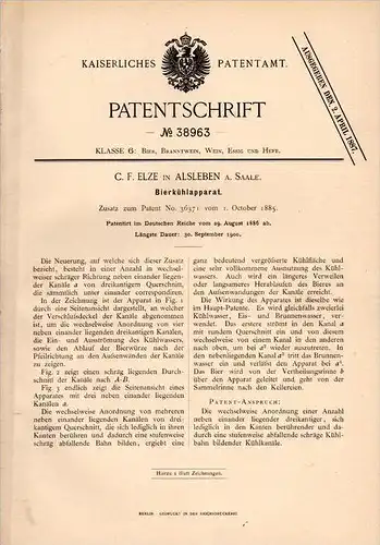 Original Patentschrift - C.F. Elze in Alsleben a. Saale , 1886, Bier - Kühlapparat , Kneipe , Bar , Alkohol , Zapfanlage